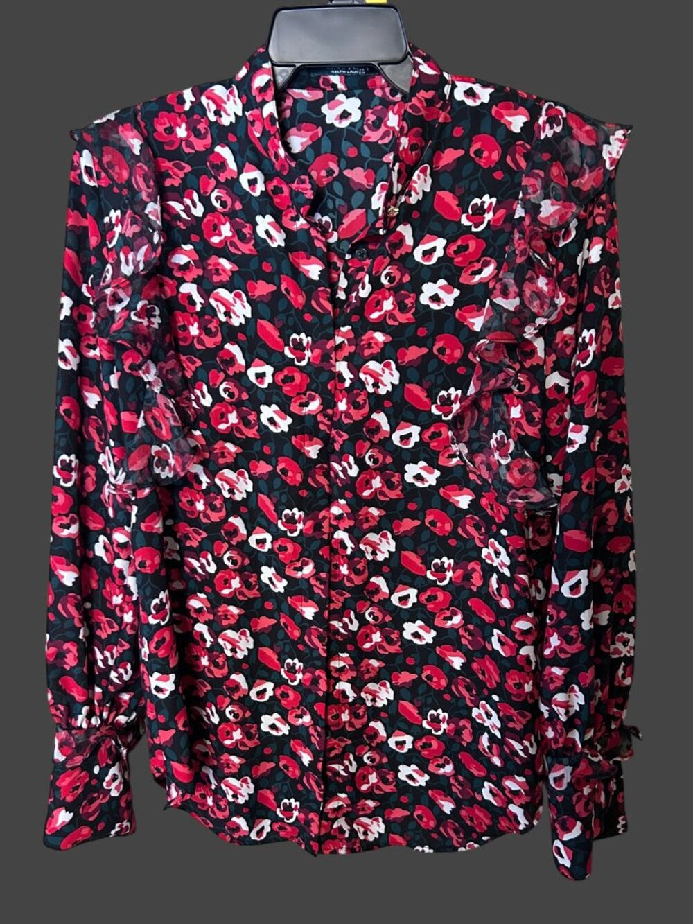 Lauren Ralph Lauren Black Floral Blouse Sheer Ruffles Gold LRL Buttons Sz S